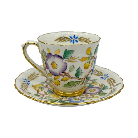 Royal Chelsea England Demitasse Cup & Saucer Set 385A Floral AOP Bone China EUC - Picture 2 of 10